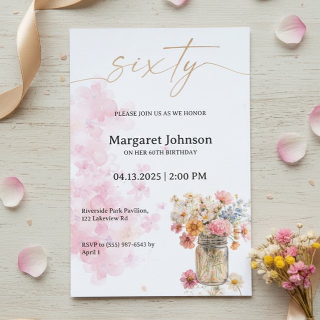 60th Birthday Invitation Pink Floral Watercolor (Pink floral watercolor 60th birthday invitation design)