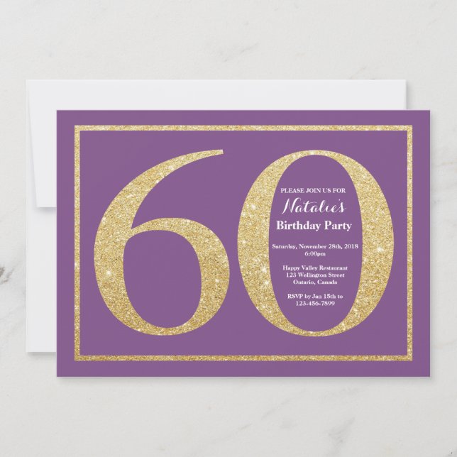 60th Birthday Invitation Purple and Gold Glitter (Front)