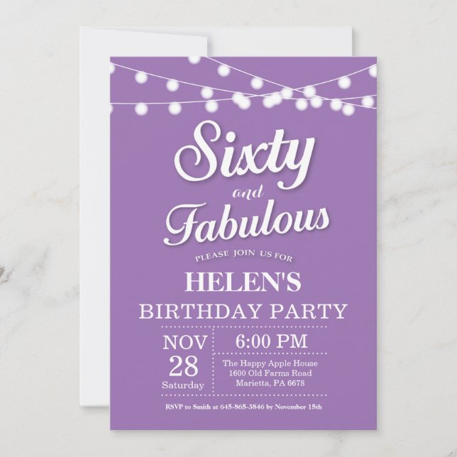 60th Birthday Invitation Purple Fabulous (Front)