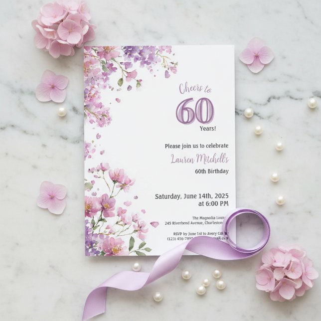 60th Birthday Invitation Purple Floral Elegant (Purple floral watercolor 60th birthday invitation with elegant feminine design)