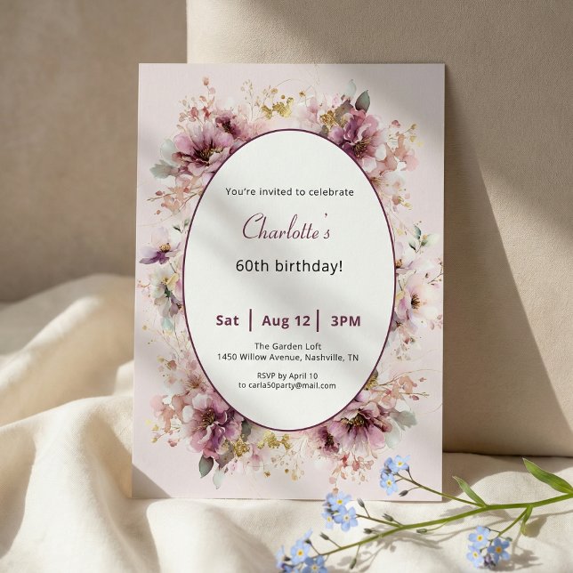 60th Birthday Invitation Purple Floral Watercolor (Creator Uploaded)