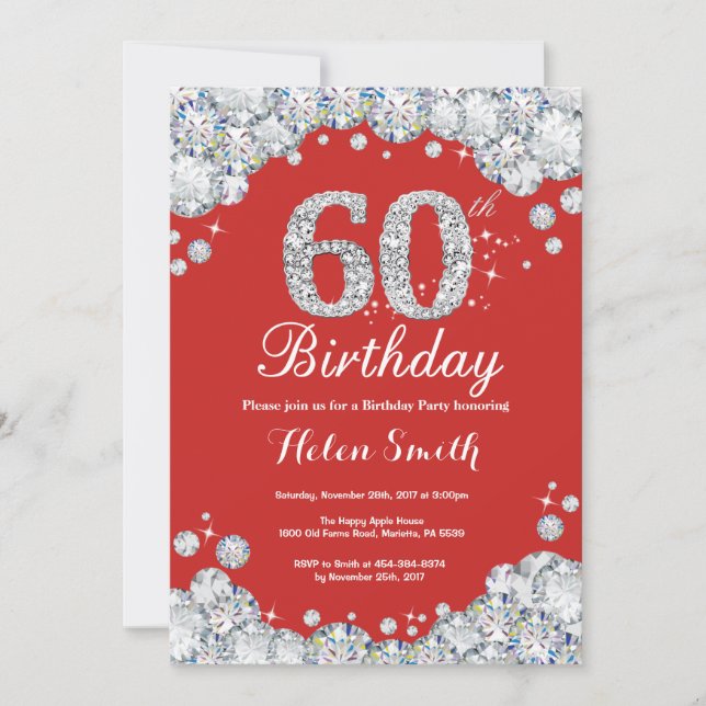 60th Birthday Invitation Red and Silver Diamond (Front)