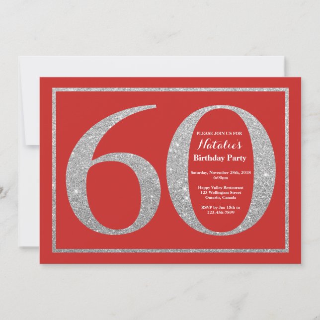 60th Birthday Invitation Red and Silver Glitter (Front)