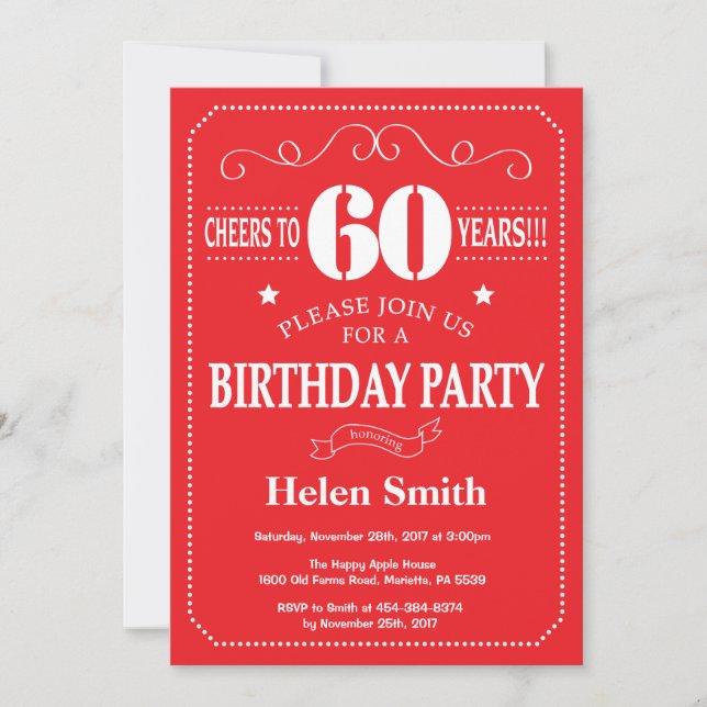 60th Birthday Invitation Red and White (Front)
