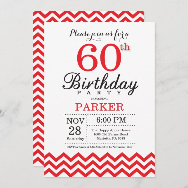 60th Birthday Invitation Red Chevron (Front/Back)
