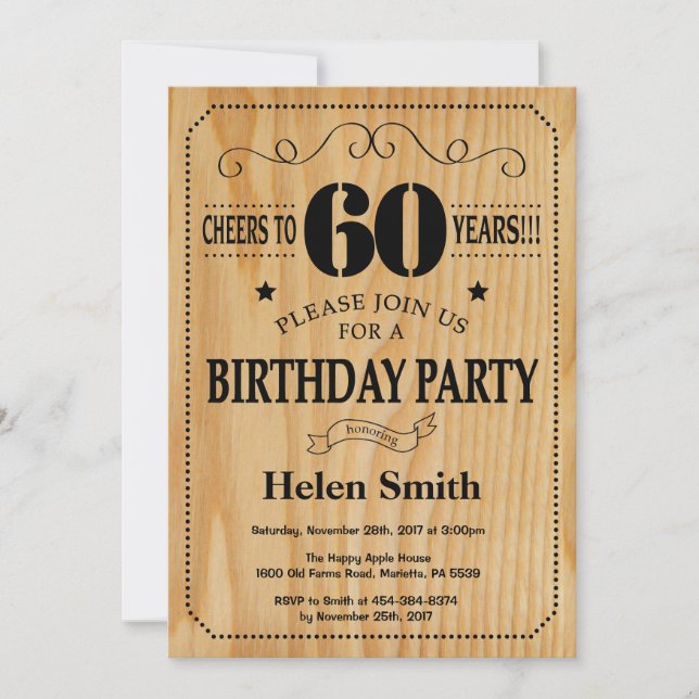 60th Birthday Invitation Rustic Wood (Front)