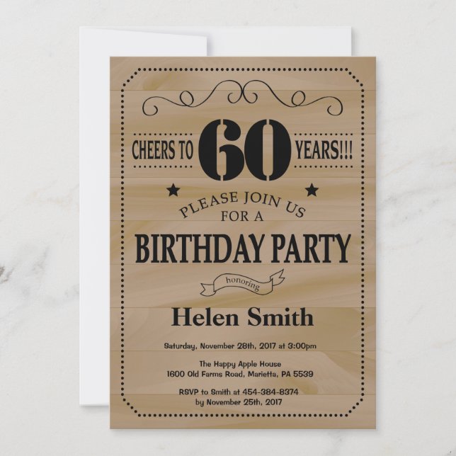 60th Birthday Invitation Rustic Wood (Front)