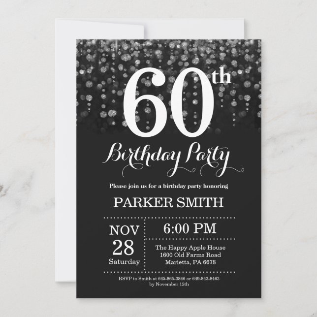 60th Birthday Invitation Silver Glitter (Front)