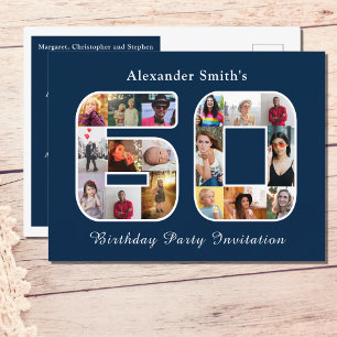 60th Birthday Invitation Sixty Photo Dark Blue Postcard