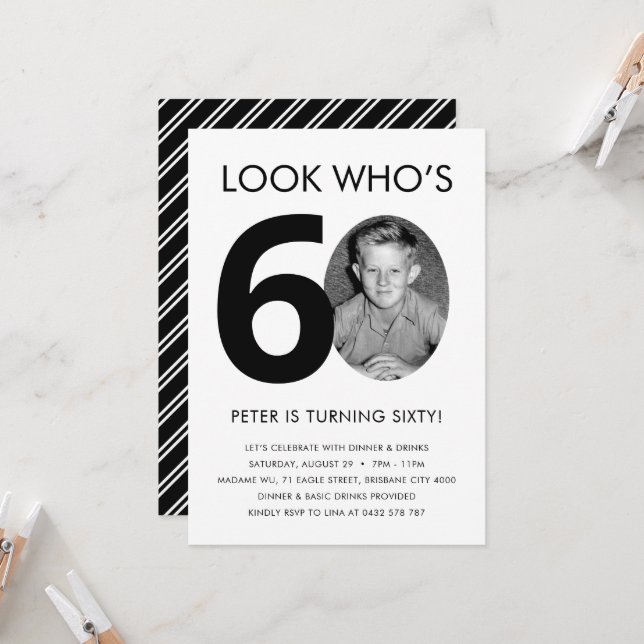 60th Birthday Invitation with Photo (Front/Back In Situ)