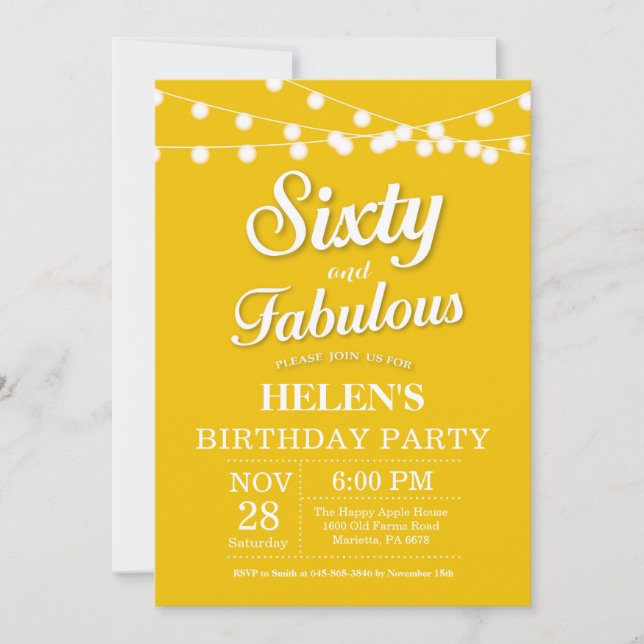 60th Birthday Invitation Yellow Fabulous (Front)
