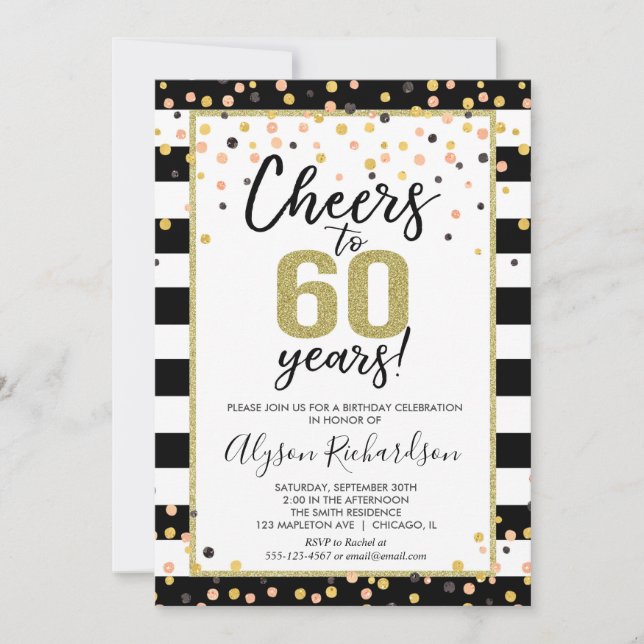 60th birthday invitations, black and gold cheers invitation (Front)