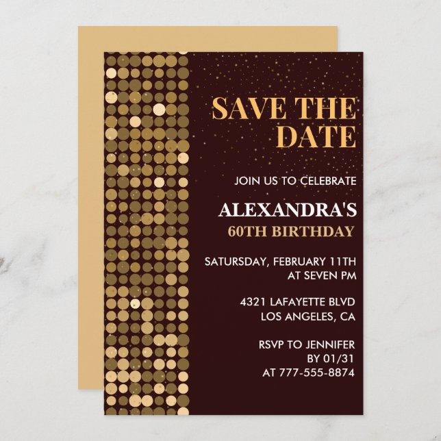 60th birthday invitations Save the date Gold (Front/Back)