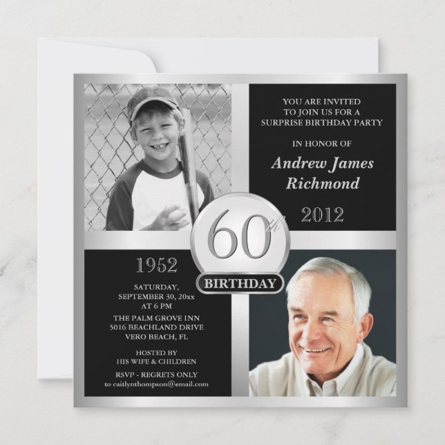 60th Birthday Invitations Then & Now Photos (Front)