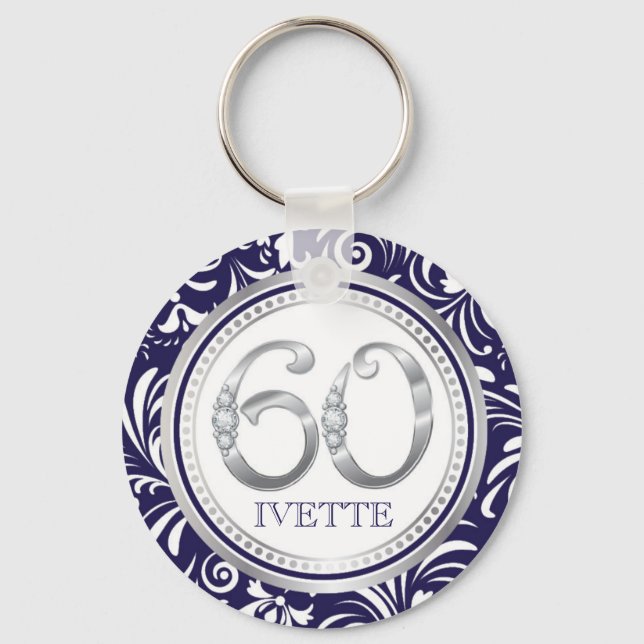 60th Birthday Key Chain-Navy Blue & Silver Ring (Front)