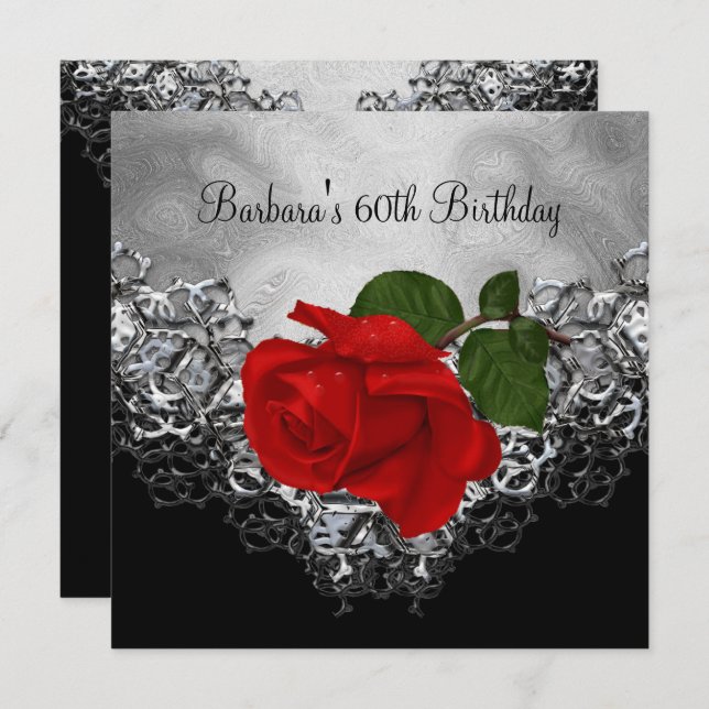 60th Birthday Lace Black White Silver RED Rose Invitation (Front/Back)