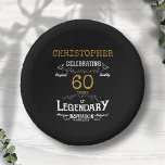 60th Birthday Legendary Black Gold Retro Paper Plate<br><div class="desc">For those celebrating their 60th birthday we have the ideal birthday party bowls with a vintage feel. The black background with a white and gold vintage typography design design is simple and yet elegant with a retro feel. Easily customise the text of this birthday plate using the template provided. Part...</div>