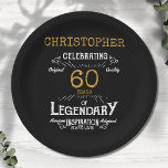 60th Birthday Legendary Black Gold Retro Paper Plate<br><div class="desc">For those celebrating their 60th birthday we have the ideal birthday party plates with a vintage feel. The black background with a white and gold vintage typography design design is simple and yet elegant with a retro feel. Easily customise the text of this birthday plate using the template provided. Part...</div>