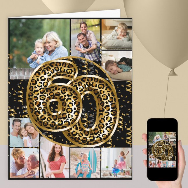 60th Birthday Leopard Print Gold Balloons Photo Card (Creator Uploaded)