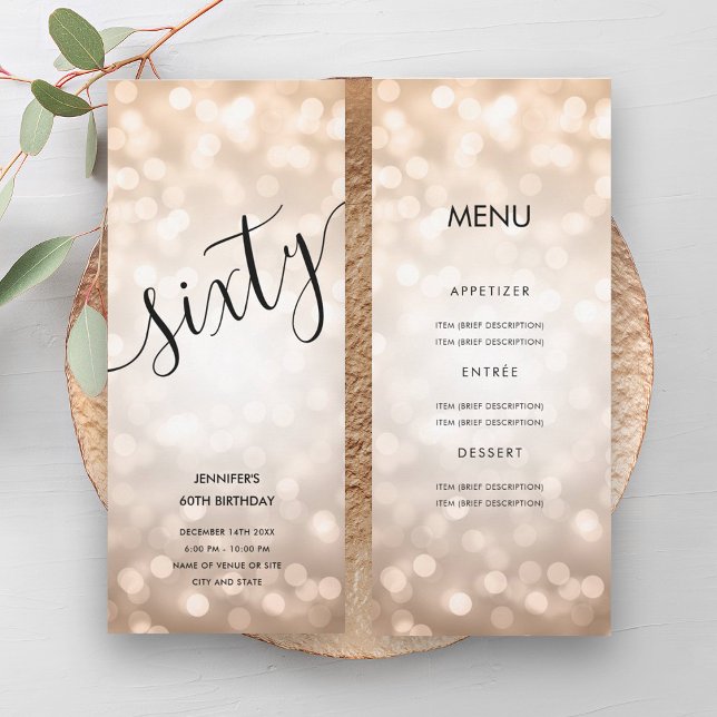 60th Birthday Menu Rose Gold Glitter Lights Invitation (60th Birthday Menu Rose Gold Glitter Lights Invitation)