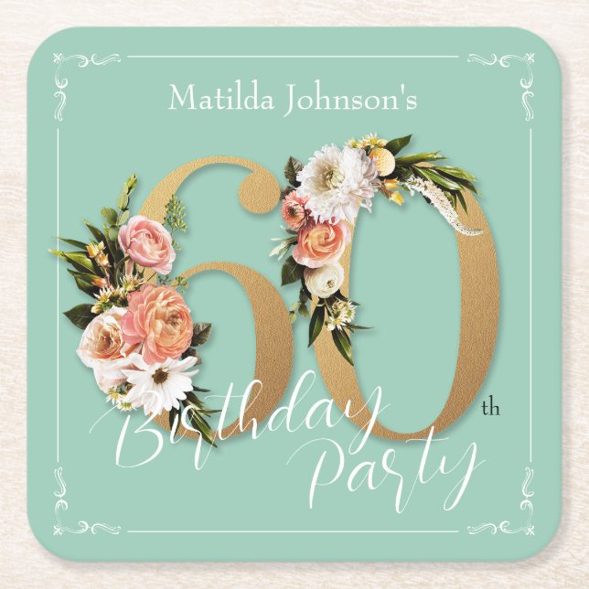 60th Birthday Mint Gold Floral Glamourous Pretty  Square Paper Coaster (Front)