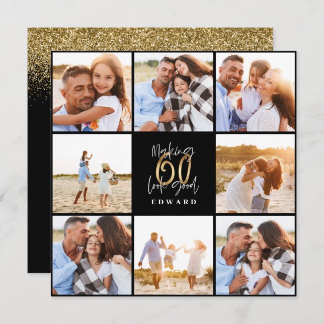 60th birthday modern black and gold photo collage (Front/Back)