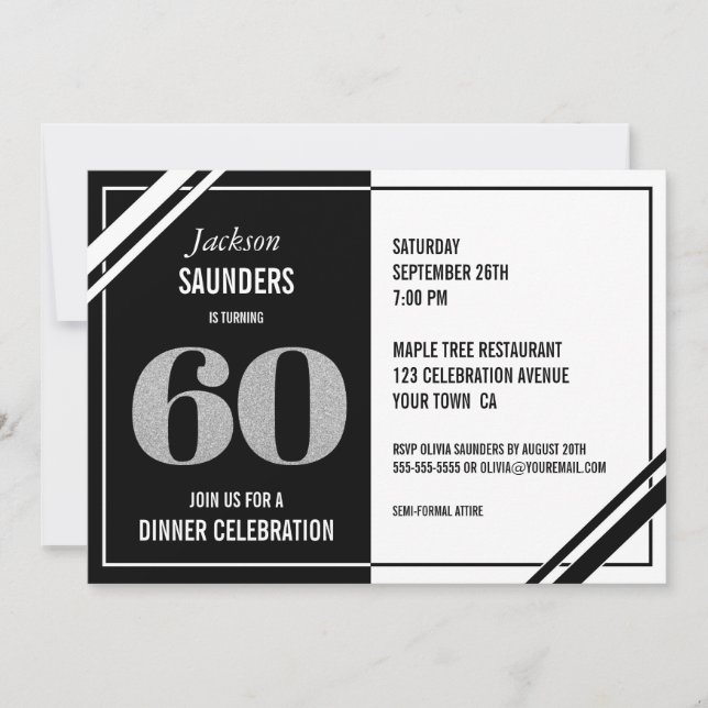 60th Birthday Modern Black and White Dinner Party Invitation (Front)