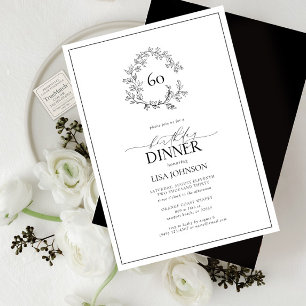 60th Birthday Modern Black & White Leafy Crest Invitation