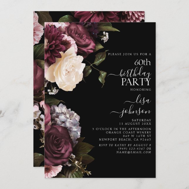 60th Birthday Modern Dark Moody Burgundy Floral Invitation (Front/Back)