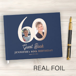 60th Birthday modern elegant photo blue rose gold Guest Book