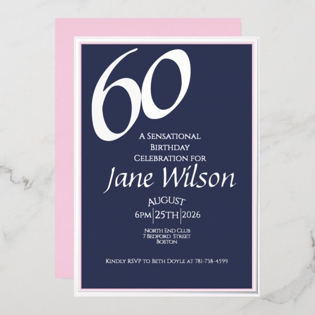 60th Birthday Modern Elegant Silver Foil Navy (Front/Back)