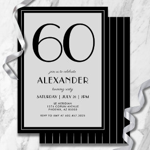 60th Birthday Modern Minimalist Mens Black Grey Invitation