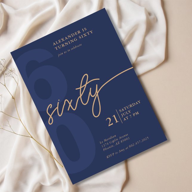 60th Birthday Modern Minimalist Navy Gold Invitation (Creator Uploaded)