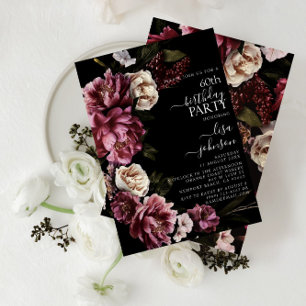 60th Birthday Modern Moody Burgundy Blush Floral Invitation