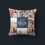 60th birthday modern navy photo collage simple cushion<br><div class="desc">Hello sixty 60th birthday modern navy blue multi photo collage pillow home decor gift. Modern script text design. Part of a collection.</div>