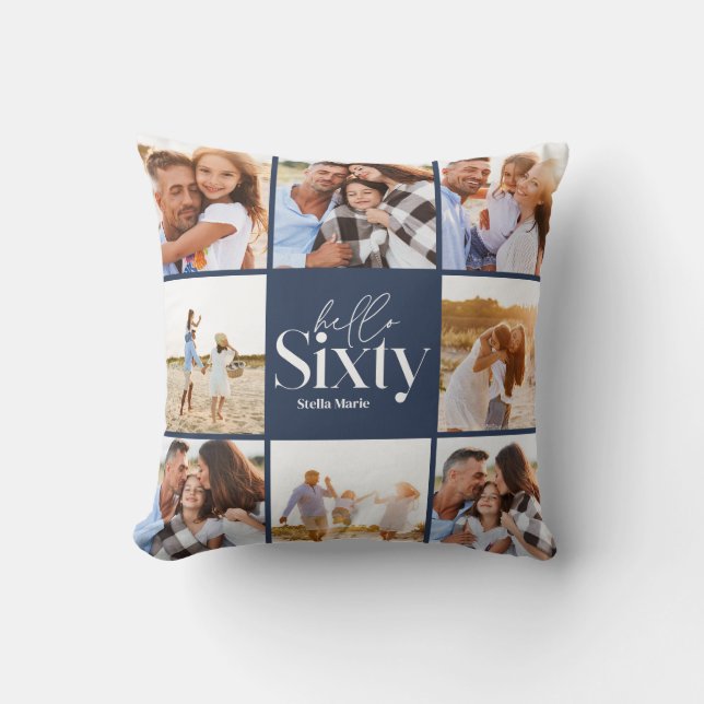 60th birthday modern navy photo collage simple cushion (Front)