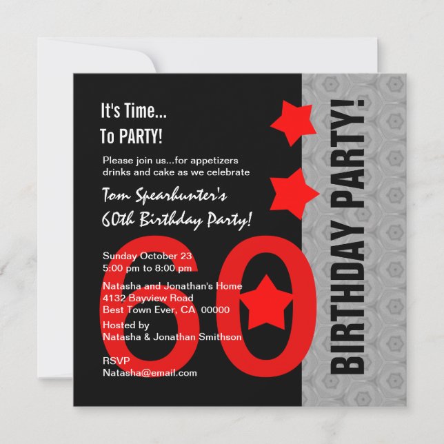 60th Birthday Modern Red Silver Black Funny A01 Invitation (Front)