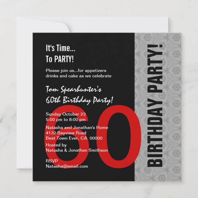 60th Birthday Modern Red Silver Black Funny W1471 Invitation (Front)