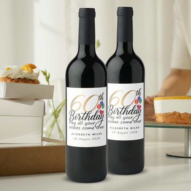 60th Birthday Modern Script Gold Typography Simple Wine Label (Creator Uploaded)