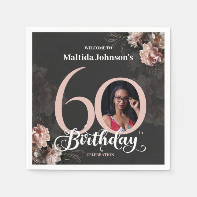 60th Birthday Moody Floral Pink Custom Photo Napkin (Front)