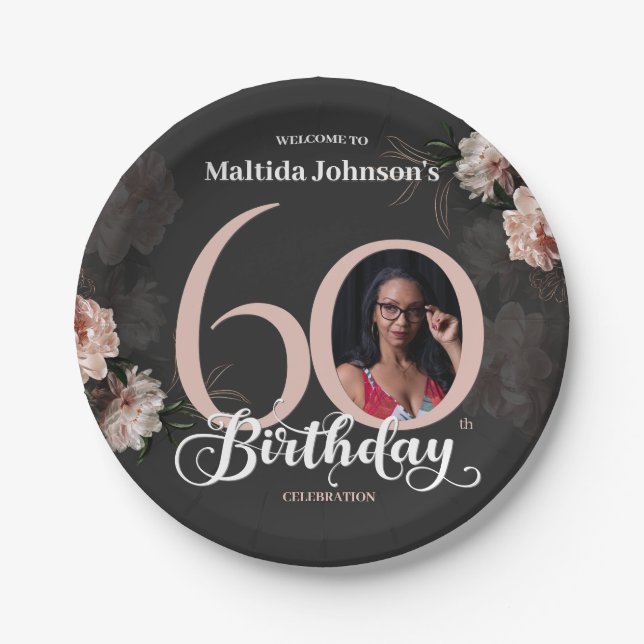 60th Birthday Moody Floral Pink Custom Photo Paper Plate (Front)