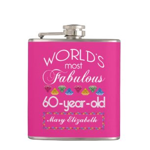 60th Birthday Most Fabulous Colourful Gems Pink Hip Flask