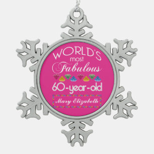 60th Birthday Most Fabulous Colourful Gems Pink Snowflake Pewter Christmas Ornament