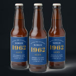 60th Birthday Name 1962 Blue Gold Elegant Chic Beer Bottle Label<br><div class="desc">A personalised elegant beer label that is easy to customise for that special occasion.</div>