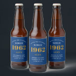 60th Birthday Name 1962 Blue Gold Elegant Chic Beer Bottle Label<br><div class="desc">A personalised elegant beer label that is easy to customise for that special occasion.</div>