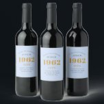 60th Birthday Name 1962 Blue Grey Elegant Chic Wine Label<br><div class="desc">A personalised elegant wine label that is easy to customise for that special occasion.</div>