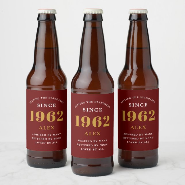 60th Birthday Name 1962 Red Gold Elegant Chic Beer Bottle Label (Bottles)