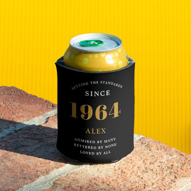 60th Birthday Name 1964 Black Gold Elegant Chic Can Cooler (Luxurious 60th Birthday Black and Gold Can Cooler: The perfect party companion. )
