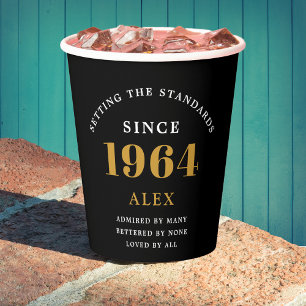 60th Birthday Name 1964 Black Gold Elegant Chic Paper Cups