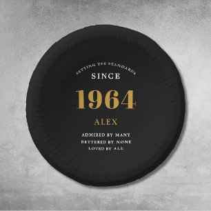 60th Birthday Name 1964 Black Gold Elegant Chic Paper Plate